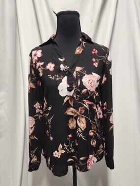 Soho New York & Company Floral Blouse Women’s XS Black Long Sleeve Work Office